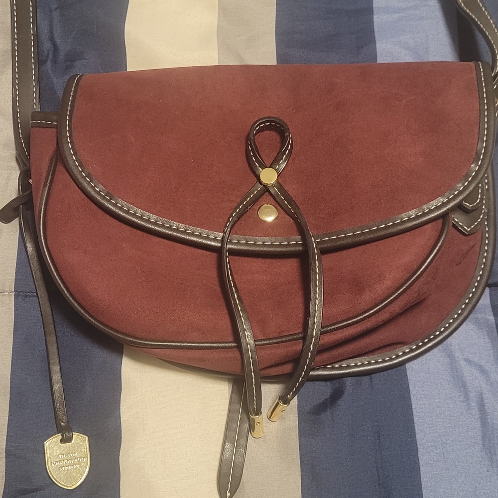 London Fog Burgundy Leather Trim Saddle Crossbody Bag